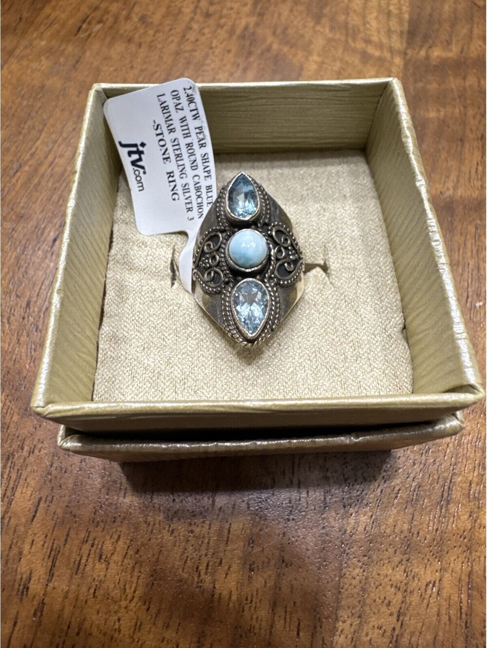 JTV 2.40ctw Pear Shape Blue Topaz W/ Round Cabochon Larimar Sterling Silver Ring - Picture 3 of 7